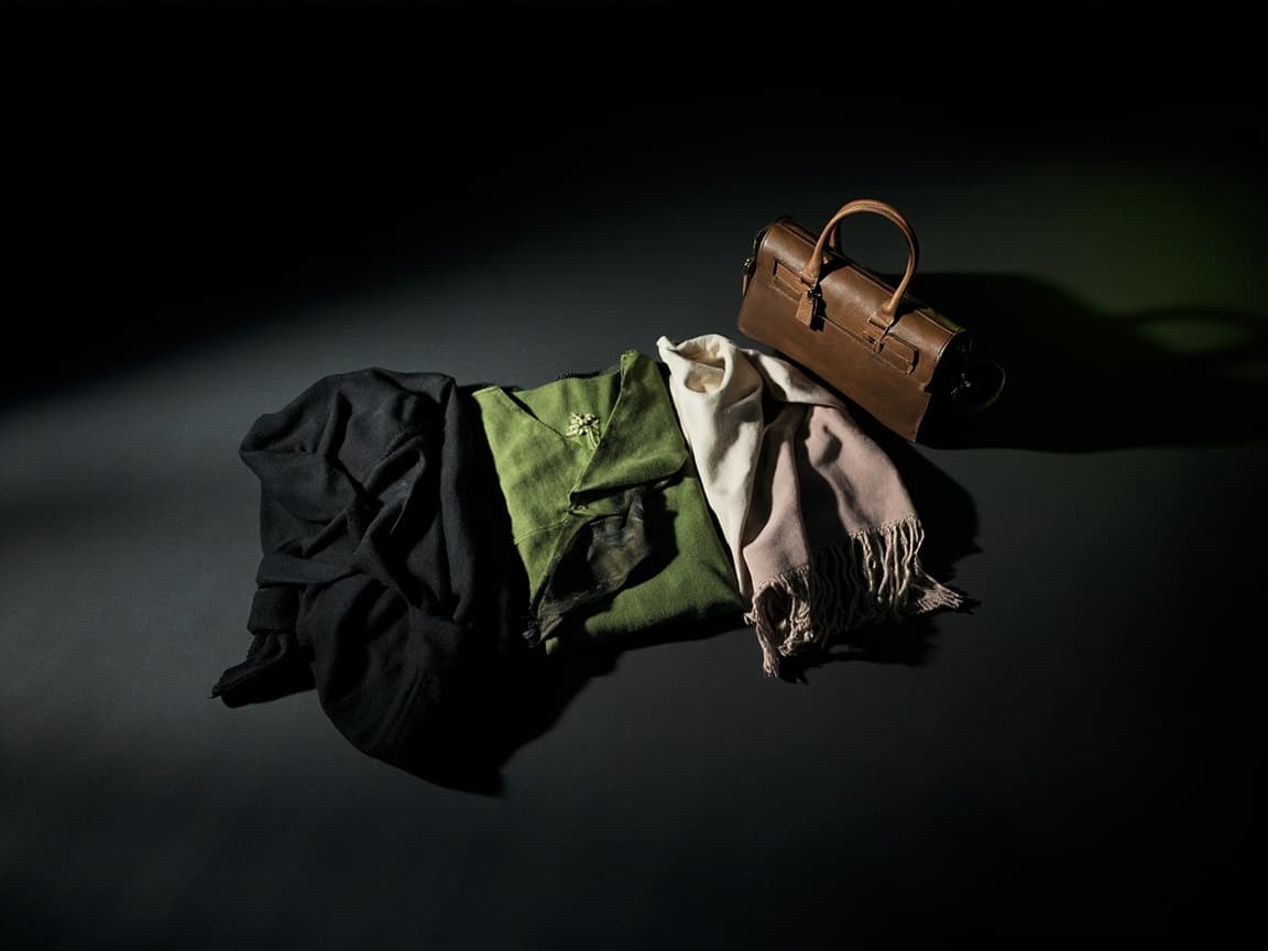 Capi di lusso piegati e borsa in pelle su superficie scura