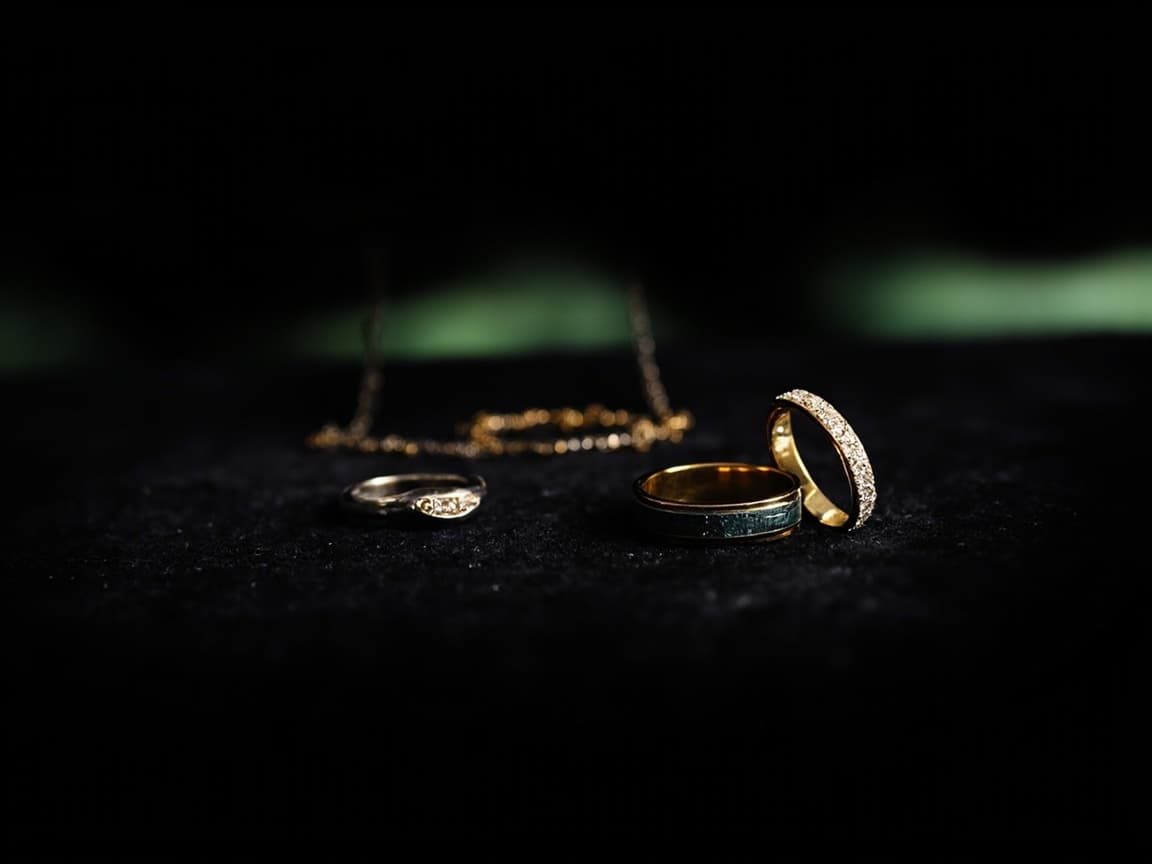 Anelli in oro e diamanti con collana su velluto nero