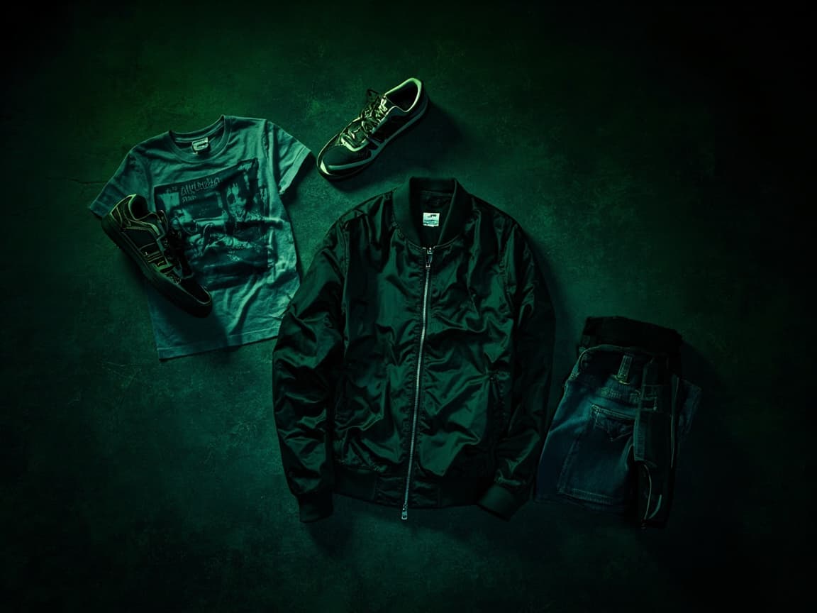 Capi streetwear maschili stesi su cemento scuro con luce verde