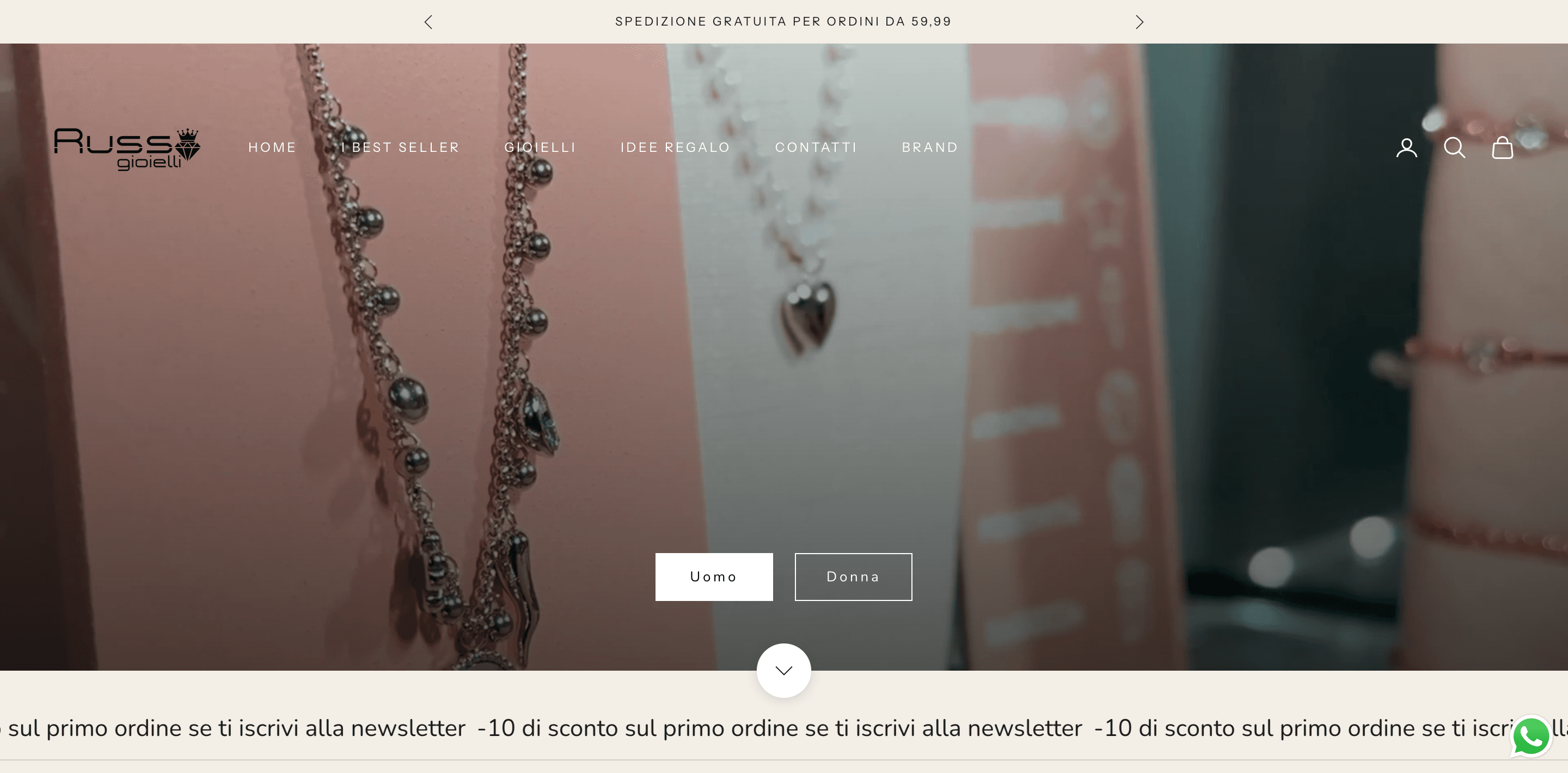 Homepage dell'e-commerce Russo Gioielli con collane e bracciali in primo piano