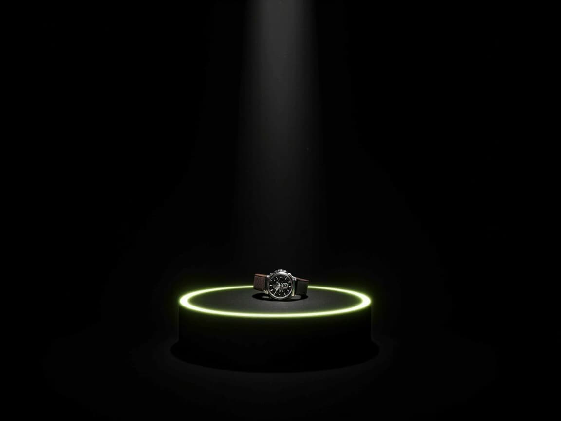 Orologio di lusso illuminato da un anello di luce verde lime su sfondo nero